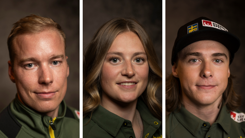 Alpinåkarna Kristoffer Jakobsen, Hanna Aronsson Elfman och Fabian Ax Swartz.